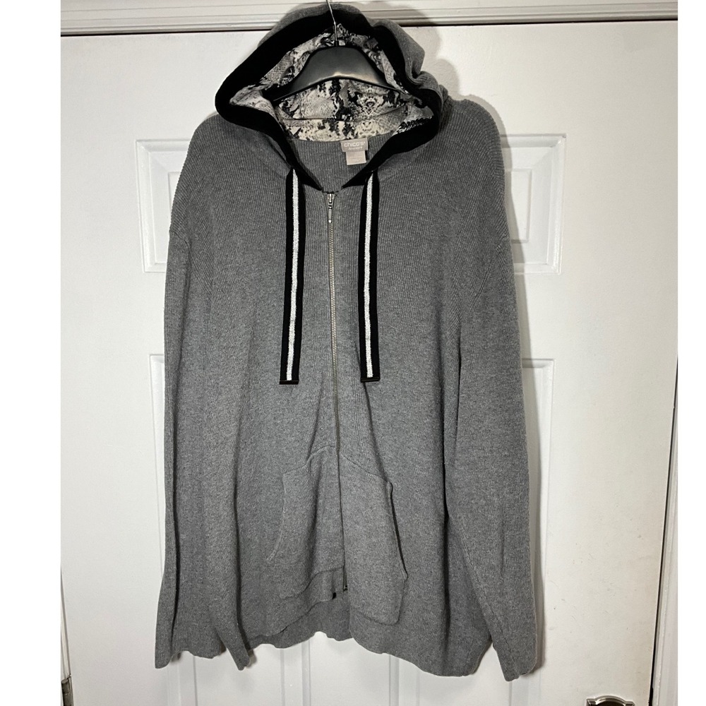 Chicos Zenergy Gray Ribbed Knit Full Zip Hoodie Snakeskin Trim Size 4 XXL